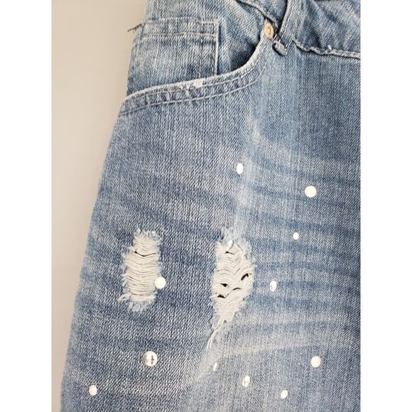 NEW PLUS SIZE‎ 18 Ashley Stewart Denim Skirt Pockets Distressed Rhinestone y2k - Picture 3 of 5